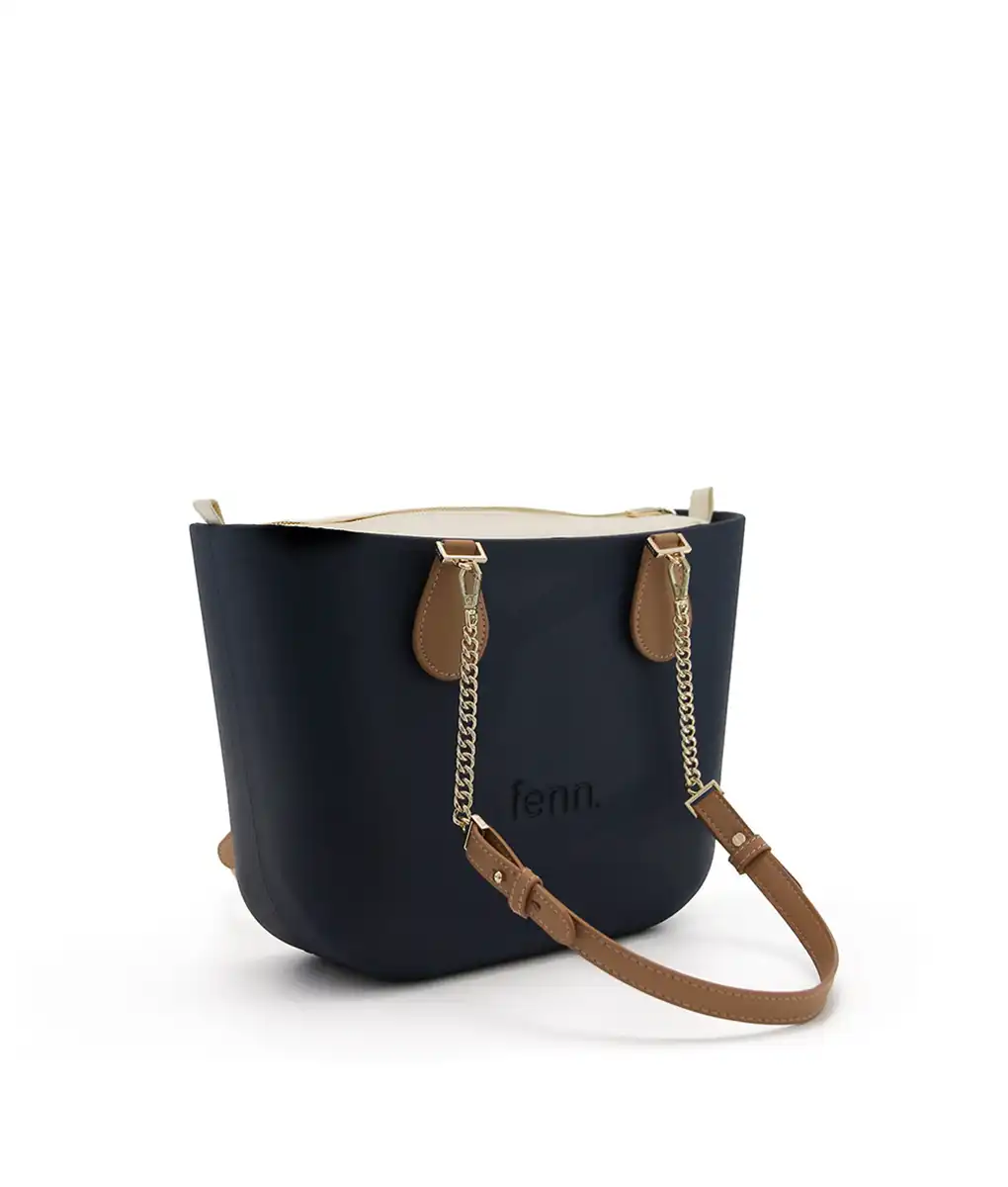 PETITE COLLECTION – NAVY – beige inner – gold zip – light tan - gold chain handle - Image 2